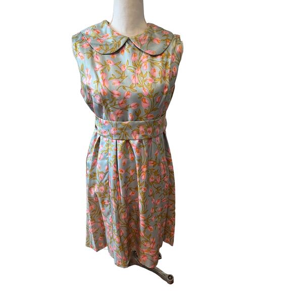 Vintage 60s Silk Modest Peter Pan Collar Floral Tulip Print Belted Dress - Picture 1 of 10